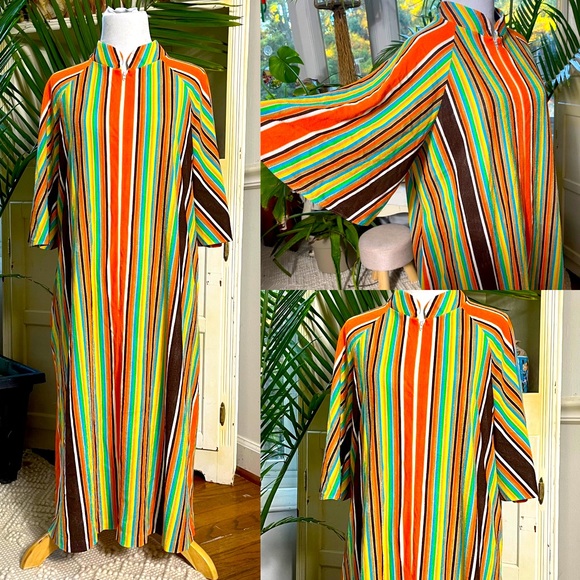 Vintage Other - Funky Striped Multicolored Zip Up Robe Housedress Vintage 70s terrycloth